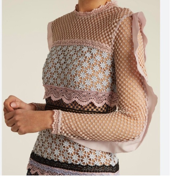 Self Portrait Lace Trimmed Maxi Dress Pink/Blue Floral Sheer Sleeve Size 6 Nwt - Picture 4 of 9